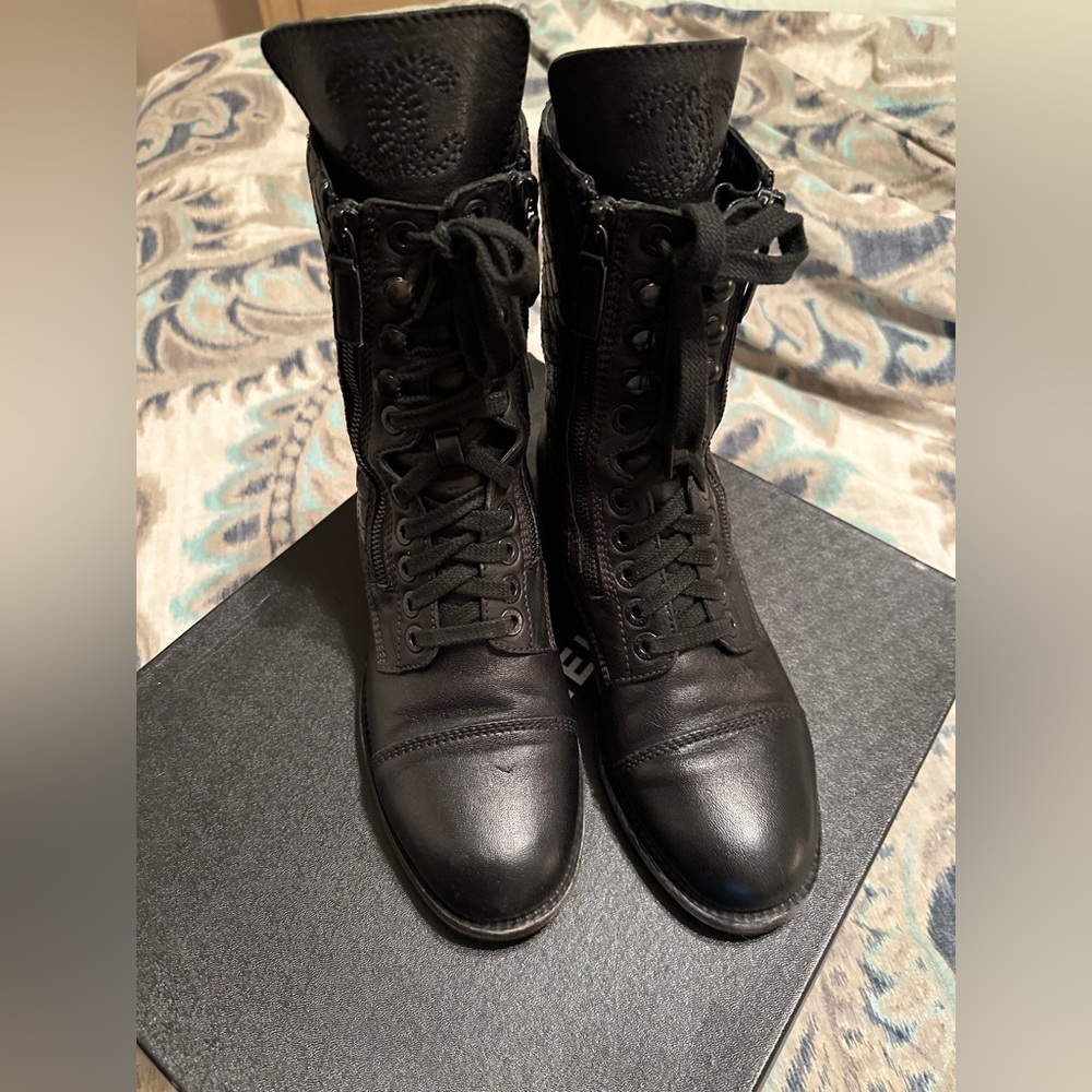 CHANEL Calfskin Quilted Black Lace-Up Combat boot.